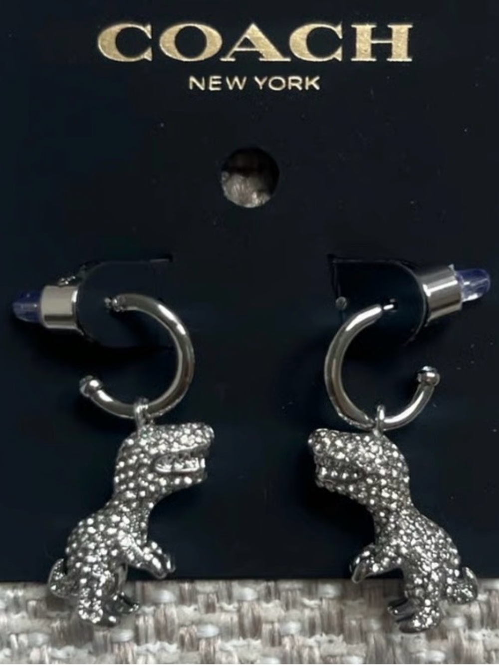 Coach Silver Crystal T‑Rex Hoop Earrings